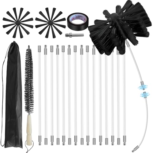 20Feet Chimney Sweep Kit,8 in Brush Head,Dryer Vent Cleaner Kit, Chimney Sweep&Chimney Cleaning Kit, Rotary Chimney Cleaning System for Flue/Fireplace/Sewage Pipe/Hood with 15 Nylon Flexible Rods - color: Large, size: 20FT