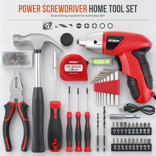 Hi-Spec 4V USB Electric Screwdriver Tool Kit for Home Repairs, Red - color: Red