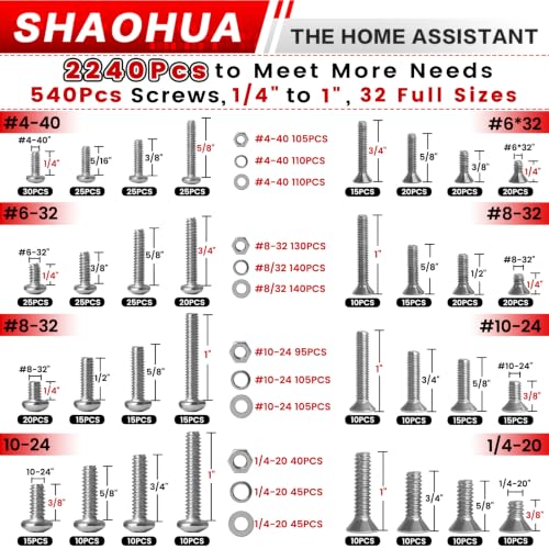 Phillips Pan & Flat Head Machine Screws Assortment Kit, 2242Pcs - size: N. #4-40#6-32#8-32#10-24#1/4-20
