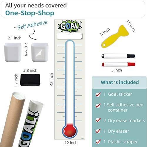 Fundraising Thermometer Chart Goal Tracker Decal - 48"x12" - Dry Erase Goal Setting Wall Poster Thermometer - Removable Giant Sales Goal Vinyl Sticker (Blue) - color: Blue