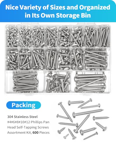 600Pcs Stainless Steel Wood Screws Assortment Kit, #4#6#8#10#12 Phillips Pan Head Sheet Metal Screws Self Tapping Screws Set,Length 3/8" to 2" (Silver-Pan Head) - color: Silver