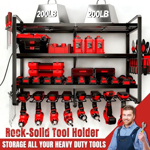 Large Power Tool Organizer Wall Mount, 4 Layer Heavy Duty 8 Cordless Drill Holder Tool Storage Rack, Load 400lbs Utility Power Tool Rack for Garage,Workbench,Workshop,Gifts for Men - color: Without Charging Station, size: 4-Tiers,8 Slots