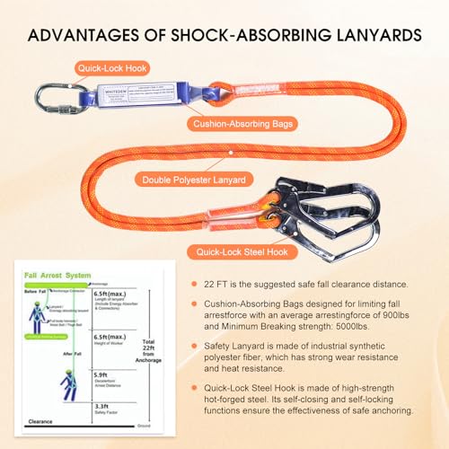 Fall Protection Premium Safety Harness with Shock Absorbing Lanyard, Vented & Padded Shoulder, Legs & Back - Upgrade 4 Quick Buckles (Orange) - color: Orange