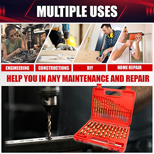 30 Pcs Impact Twist Drill Bit Set，1/16"-1/2" Hex Shank Hss Titanium Drill Bits，Fit for Metal/Wood/Plastic Sink