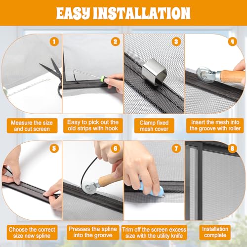18 Pcs 48"x177" Window Screen Repair Kit Included 2 Rolls Fiberglass Mesh 4"x30ft Screen Repair Tape 8 Clips with Spline, Double Wheel Roller, Hook, Measuring Tape, and Cutter for Door Window - size: 48"x177"