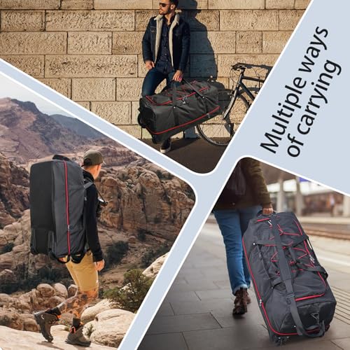 110L Expandable to 140L 32” Foldable Oxford Soft-Sided Rolling Duffle Bag with 2 Heavy-Duty Wheels,2 Large Compartments,Adjustable Shoulder Strap and Attached Organizer Pouch,Black Red - color: Black Red