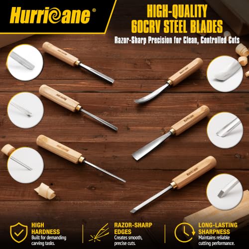 HURRICANE 12-Piece Starter Wood Carving Tools Set, Professional Wood Carving Kit with Razor Sharp 60CRV Steel Blades, Ash Wood Handles & Canvas Case for Beginners Professionals Specialties