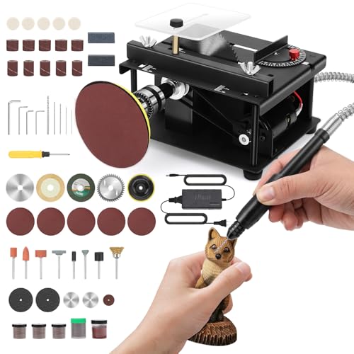 Mini Table Saw, 100W Portable Small Desktop Electric Saw, Speed & Angle Adjustable 30MM Cutting Depth, Precision Hobby TableSaw with Belt Sander for Wood Craft, Woodworking, Model Making