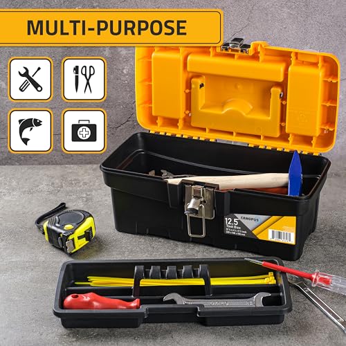CANOPUS Plastic Toolbox, 12.5-inch Portable Tool Box with Metallic Clutch, Tool Organizer with Extra Storage Tray for Home Tools, Nails and Pins, Black-Yellow