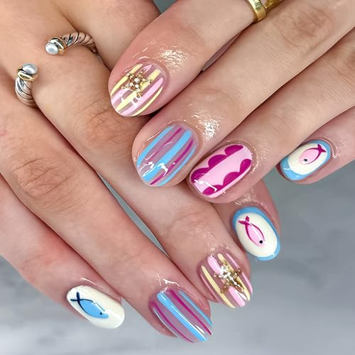 Summer Press On Nails Short Almond Colorful with Starfish Fish Stripes - color: Style15