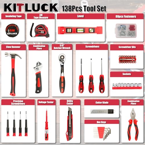 KITLUCK 138-piece Home Tool Kit, Household Hand Repair Tool Set for men, Portable Basic Tool box Set with Tools (Screwdriver, Plier, Wrench, Socket, Harmer, Rule, etc.) for Home and Car - size: 138Pcs