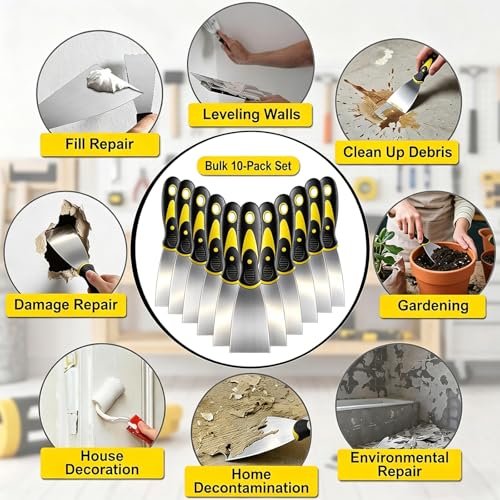 10Pcs Putty Knife Set, 2 Inch Stainless Steel Spackle Knives, Flexible Metal Scraper Paint Knife with Comfortable Grip Scraper Tool Kit for Repairing Drywall, Removing Wallpaper, Mud, Plaster Scraping