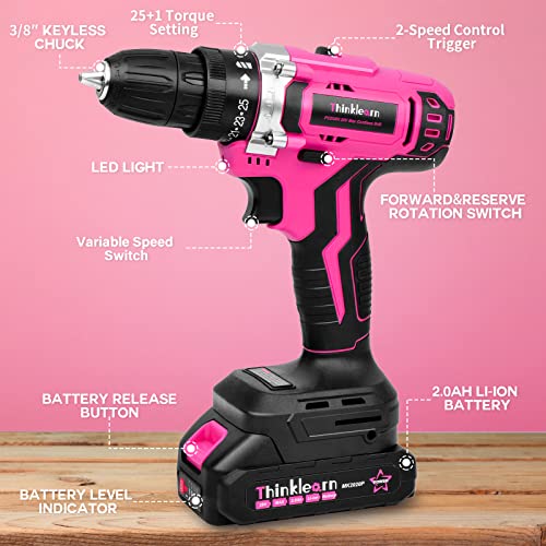 20V Pink Cordless Drill Set - Power Drill/Driver Kit with Drill Brush