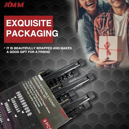 AMM 9-Piece Socket Organizer, 1/2 inch, 3/8 inch and 1/4 inch Drive ABS Tools-Black Socket Holder,Heavy Duty Socket Racks, Premium Quality Socket Clip Rail Holder,The best tool trays in the garage - color: BLACK, size: 9PC