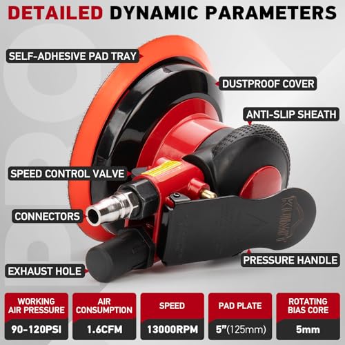 Professional 5" Dual Action Random Orbit Air Sander, Pneumatic Palm Sander, Low Vibration, Heavy Duty - color: Red, size: 5 inch