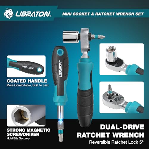 LIBRATON 1/4" Dr Mini Socket & Ratchet Wrench Set with Bits, 4-13mm Socket