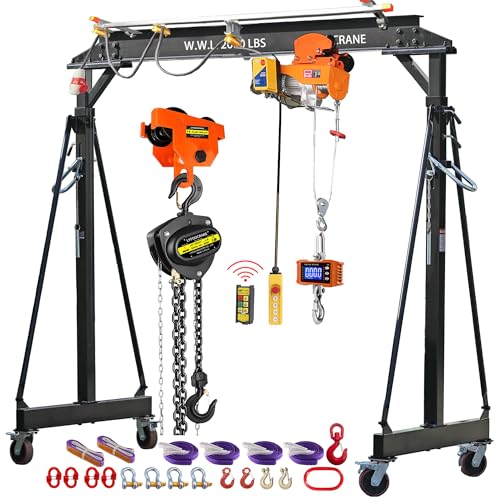 Electrical Gantry Crane 2000 LBS - 8.53 FT Wide，Adjustatable Crane with Electrical Hoist, Garage Crane 1T with Manual Hoist, Trolley, Scale, Sling, Shackle, Hook, Hammerlock Coupling (8.5 FT Width)