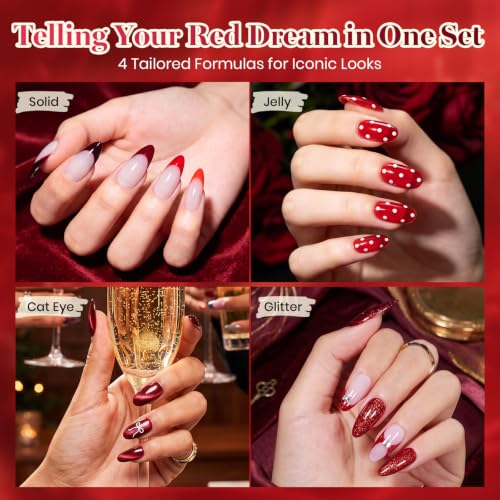 Beetles Red Gel Nail Polish Set, Jelly Glitter Cat Eye Solid Color | 20 Colors Shimmer Magnetic Nail Gel Kit with Base Coat Top Coat Matte Top Coat, LED UV Light Cure Soak Off Nail Art Manicure - color: A-Mixed Finishes | Burgundy Dream