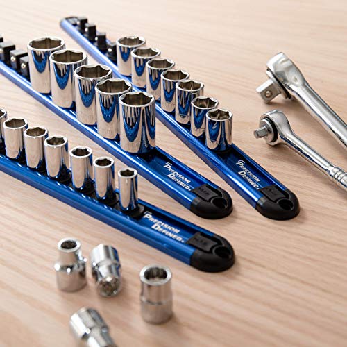 Precision Defined Aluminum Tool Socket Holder 3-Piece Set | Blue, 1/4-Inch x 16 Clips, 3/8-Inch x 16 Clips, 1/2-Inch x 14 Clips | 360 Rotation - Heavy Duty Socket Rails Organizer, Socket Storage - color: Blue