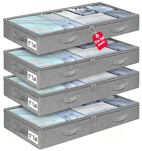 punemi 5 inch High Soft Fabric Low Profile Under Bed Storage, 4 Pack, Grey - color: Grey, size: 4 Pack-5 inch Tall-Soft
