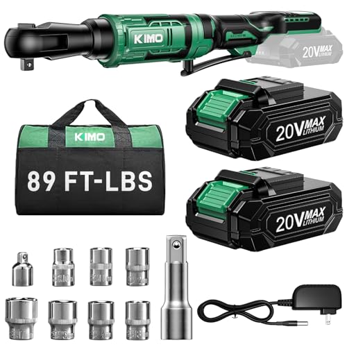 KIMO 20V Electric Ratchet Wrench 3/8, 89Ft-lbs 400RPM Cordless Ratchet Wrench Set w/Variable Speed, 2x2.0Ah Battery Power Ratchet Wrenches, 7Sockets, 3/8"to1/4" Adapter, 3"Extension Bar, Fast Charger - color: Green and Dark