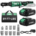 KIMO 20V Electric Ratchet Wrench 3/8, 89Ft-lbs 400RPM Cordless Ratchet Wrench Set w/Variable Speed, 2x2.0Ah Battery Power Ratchet Wrenches, 7Sockets, 3/8"to1/4" Adapter, 3"Extension Bar, Fast Charger - color: Green and Dark