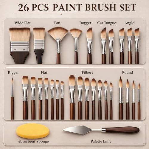 26Pcs Paint Brush Set with Stand-Up Brush Case, Travel Watercolor Acrylic Paint Brushes with Flat, Filbert, Fan, Dagger, Cat Tongue, Round, Palette Knife, Professional Kit for Oil, Artist, Face