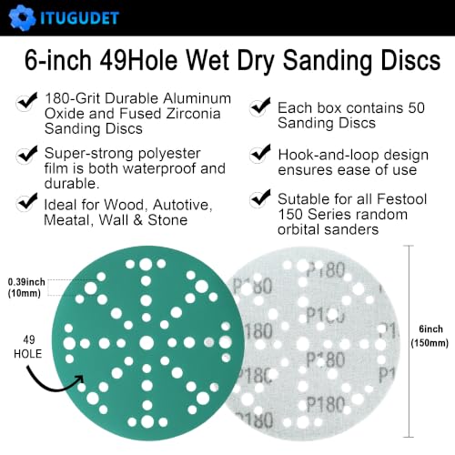 TUGUDET 6 Inch 49 Hole Wet Dry P180 Grit Sanding Discs - 50 Pack Box - color: 180 Grit, size: 6 Inch 49 Hole