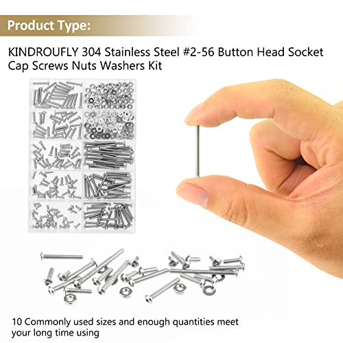 252 Pieces #2-56 x 3/16", 1/4", 5/16", 3/8", 1/2", 5/8", 3/4", 1", Button Head Socket Cap Screws Nuts Washers Assortment Kit, 304 Stainless Steel, Fully Machine Thread - size: #2-56, style: Button Head