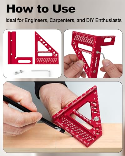 Premium Carpenter Square Hole Scribing Ruler Woodworking Square 22.5-90 Degree Measuring Ruler with Angle Pin,Versatile Multi Angle Square for Woodworking, Engineering, and Construction | Preset 22.5°, 30°, 45°, 60°, 67.5° and 75° guides, 1/4 in pin holes