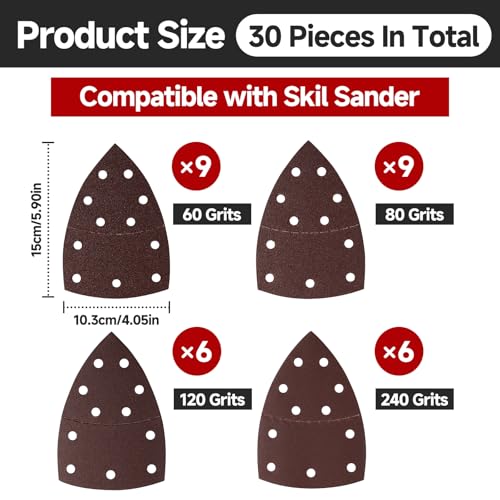 30 PCS Sander Replacement Pad Compatible with Skil, Detail Sander Sandpaper 60/80/120/240 Grits Mixed, Sanders Sandpaper with Hook and Loop Back, for Mouse Detail Sanders, 11-Hole Design