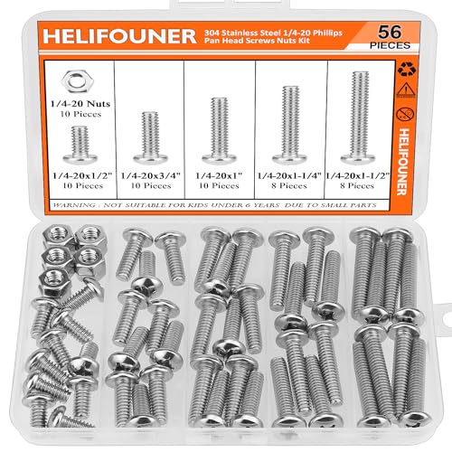HELIFOUNER 56 Pieces 1/4-20 x 1/2" 3/4" 1" 1-1/4" 1-1/2", Phillips Pan Head Machine Screws Bolts Nuts Kit, Coarse Thread, Fully Machine Threaded, 304 Stainless Steel - size: 1/4-20, style: Phillips Pan Head