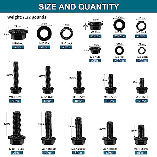 SATANTECH 272Pcs Flange Hex Bolts and Nuts Kit,M6 Bolt,M8 x1.25 Bolts,M10-1.5, Metric Bolt Assortment,Alloy Steel Class 10.9 Black Zinc Plated,Full Coarse Thread (12mm to 30mm) - color: Black Flange M6 M8 M10 Hex Bolt