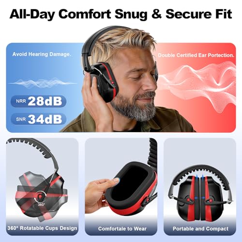 Floriogra Noise Reduction Ear Muffs, NRR 34dB Ear Protection, Hearing Protection Noise Cancelling Headphones for Adults Kids Autism, Shooting Ear Protection for Gun Range, Mowing, Construction - color: Red