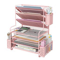 Simple Trending 7 Tier Desk File Organizer, Letter Tray Paper Organizer with Pen Holder and Metal Hanging Basket, Pink - color: 7 Tier Pink