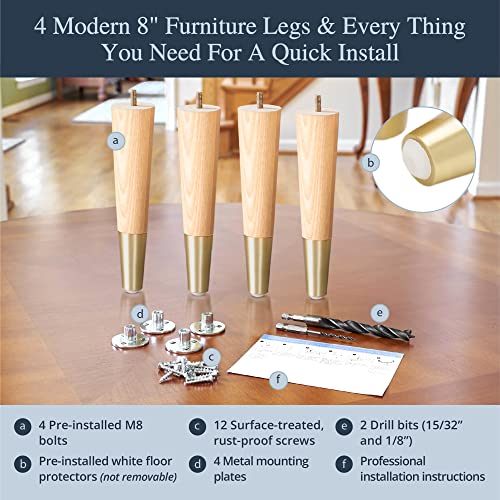 Airy Abode Premium Ash Wood Furniture Legs with Gold Caps (Full Install Kit) - Pick Your Size and Color - color: Ash / Gold, size: 8 Inches