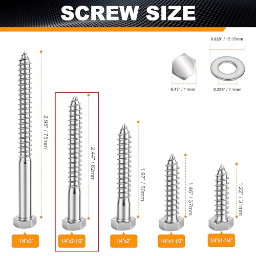 Hex Head Lag Bolts for Wood, Lag Screws 1/4" x 2-1/2",30 PCS - size: 1/4" x 2-1/2"