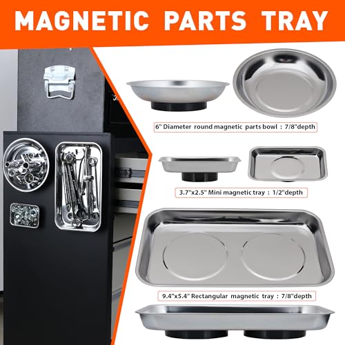 HORUDSY 4PC Magnetic Tray Set with Magnet Stick – Extra Strong Magnets, Stainless Steel Trays, and Telescoping Pickup Tool for Organizing and Retrieving Metal Parts - style: 4-Piece Magnetic Tray & Stick - Pro