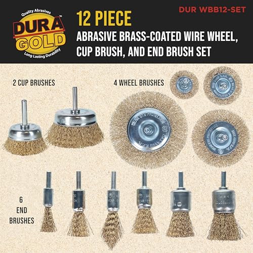 Dura-Gold 12-Piece Abrasive Brass-Coated Wire Wheel, Cup Brush, and End Brush Set, 1/4" Drill Shank, Carbon Steel Bristles - Surface Prep Grinding, Stripping Metal, Clean Remove Rust, Corrosion, Paint