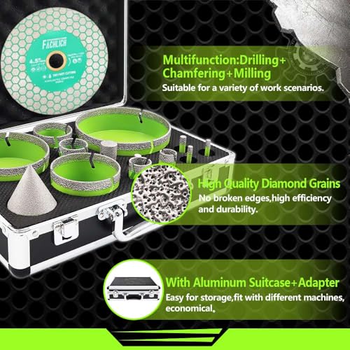 Tile Hole Saw Kit Diamond - (6/6/8/20/25/35/50/75/100/125mm Drill Bits+Finger Bit+Chamfer Bit+Adapter+Tile Blade) Diamond Hole Saw Kit for Porcelain Ceramic,5/8"-11 Thread - size: Kit3