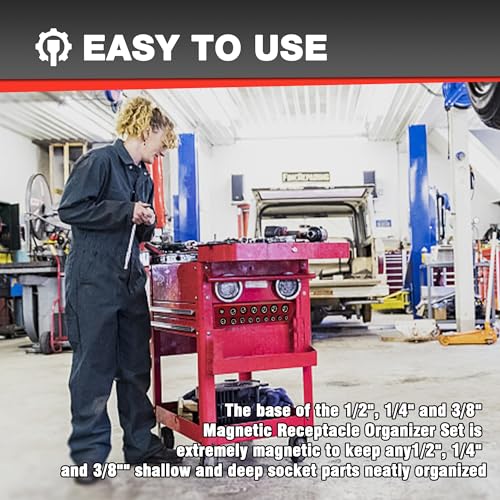 EACELIY Magnetic Socket Organizer Set,SAE Socket Holder Kit, Socket Trays，holds 68 Deep and Shallow 3/8" Sockets(sockets not included) 丨3PC 1/2",1/4" and 3/8"（Red） - size: 3PCS SAE 1/2&3/8&1/4