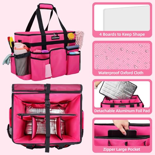 Large Rolling Cleaning Caddy Bag, Cleaning Caddy with Wheels with Detachable Trolley for Housekeepers, Water Resistant Cleaner Supplies Organizer with Wheels for Kitchen, Car, Picnic (Rose-Red)
