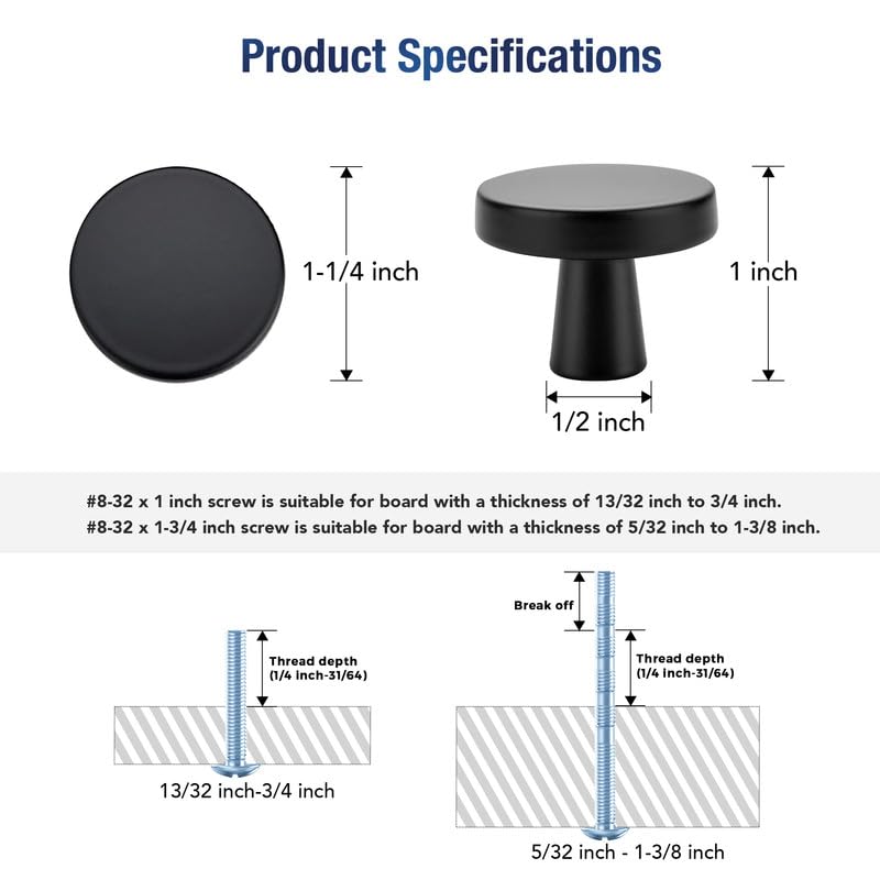JOY DECOR Matte Black Solid Kitchen Cabinet Knobs 1-1/4 Inch 5 Pack - color: Matte Black