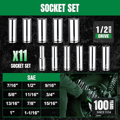 SK 1/2" Drive Socket Set, Deep SAE Sockets, 11-Piece 7/16" to 1-1/16" - size: Deep, style: SAE