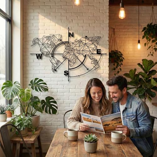 DEKADRON Metal World Map Wall Art, Geometric Compass Decor, Home Living Room Office Decoration (39" L x 30" W, Black) - size: 39"L x 30"W