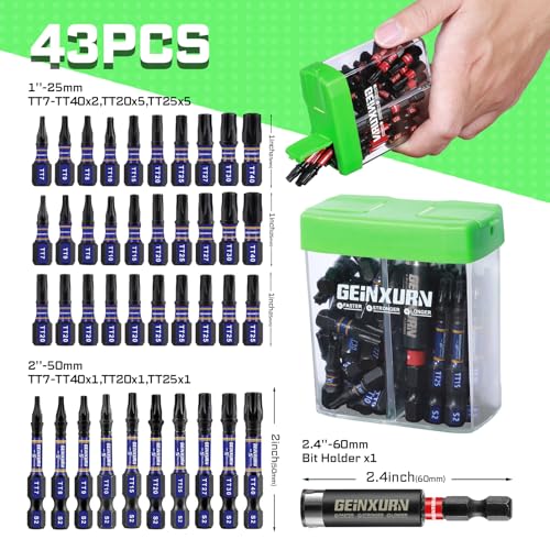 Geinxurn Impact Security Torx Screwdriver Bits Set,43 Pcs(TT7-TT40) Magnetic 1"& 2" Long S2 Steel Hollow Torx Driver Bits with Magnetic Bit Holder Storage Colorful Box - color: Tt7-tt40, size: 1"2"-43PCS