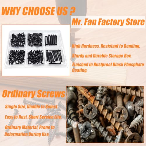 175PCS #8 Drywall Screws, Assorted Wood Screws, Black Wood Screws, Wood Screws Assortment Kit, Flat Head Screws, Screw Assortment, 6 Sizes, (2'', 1-1/2'', 1-1/4'', 1'', 3/4'', 5/8'') - size: #8 175PCS