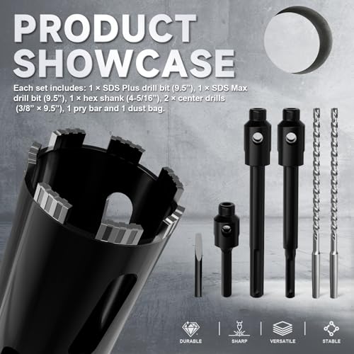 Diamond Core Drill Bit 3"(76mm) with Pilot Bit & Adapters (SDS Plus & Hex) – Upgraded Welded Segments, 8.6" Depth – for Concrete, Solid Brick, Hollow Brick, Masonry & More - size: (3"/76mm)