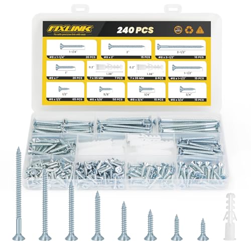 240PCS Wood Screws Assortment Kit, FIXLINK Zinc Coated Flat Head Screws Set - color: Zinc Coated