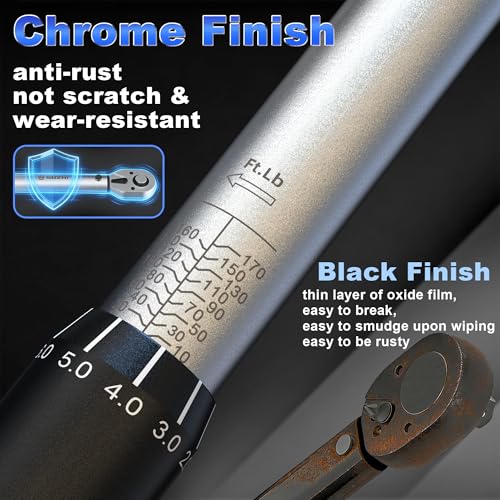 1/4 3/8 1/2 9PC Torque Wrench Set 20-220 In lb,5-45 &10-170 Ft lb,3 extension bar & 3 adapter,3% Accuracy,72 T,Chrome plated,anti-rust,no scratch & wear-resistant than Black,for DIY, bike,car & truck